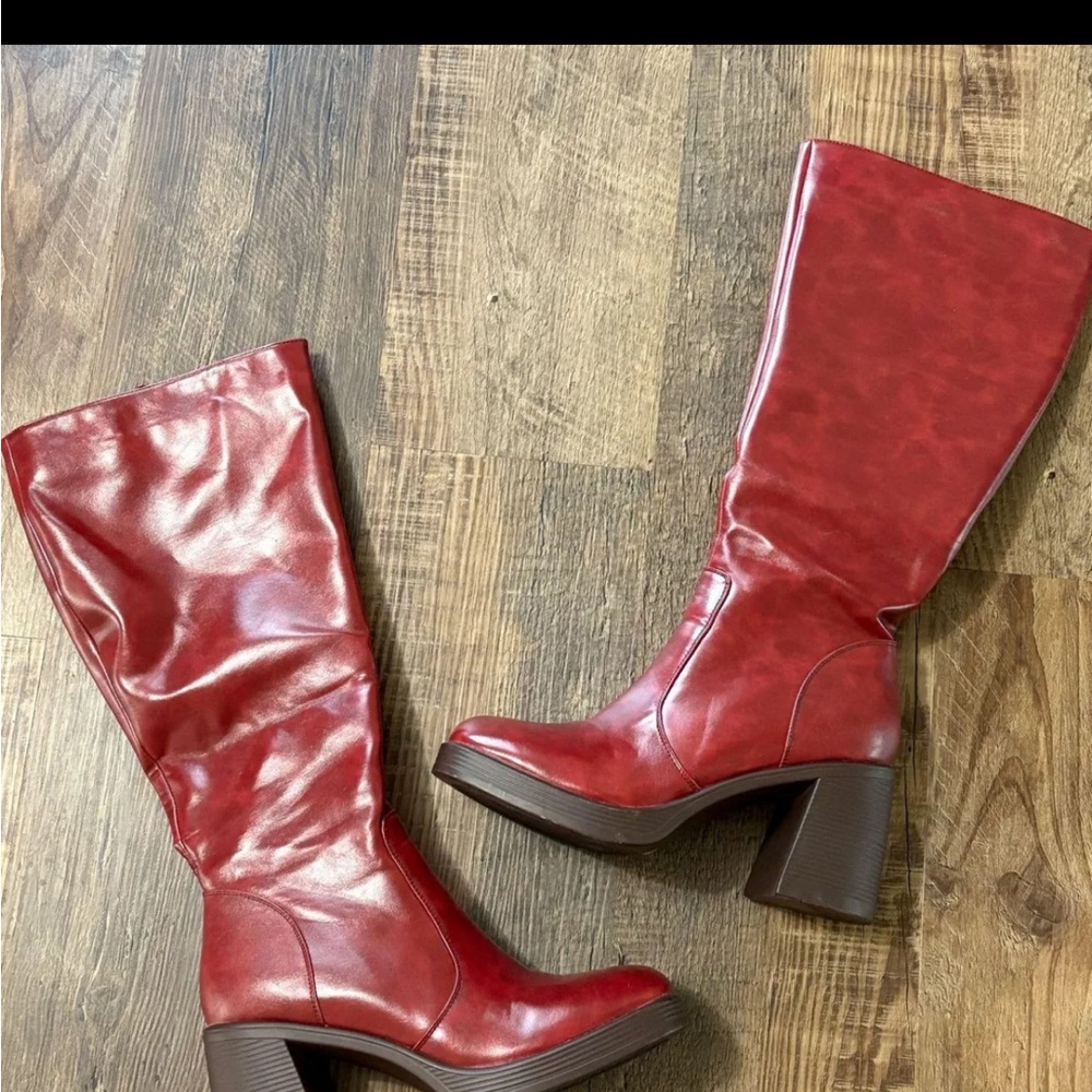 Red Glossy Heeled Boots with Western Charm